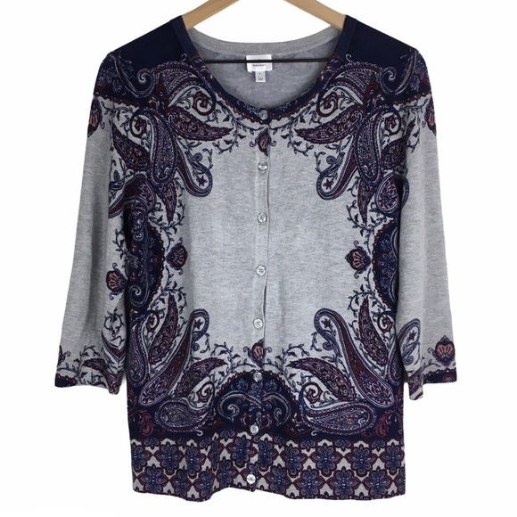 DRESS BARN Cardigan Sweater Paisley Floral 3/4 Sleeves Grey Purple Size Large - Picture 11 of 11